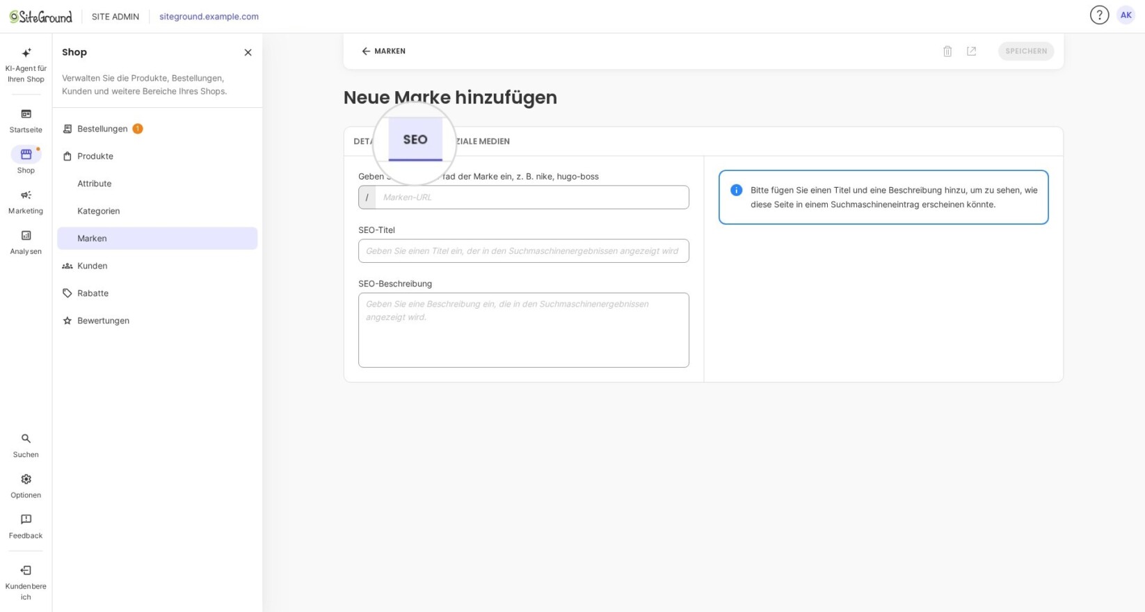Marken-SEO-Einstellungen in SiteGround Ecommerce