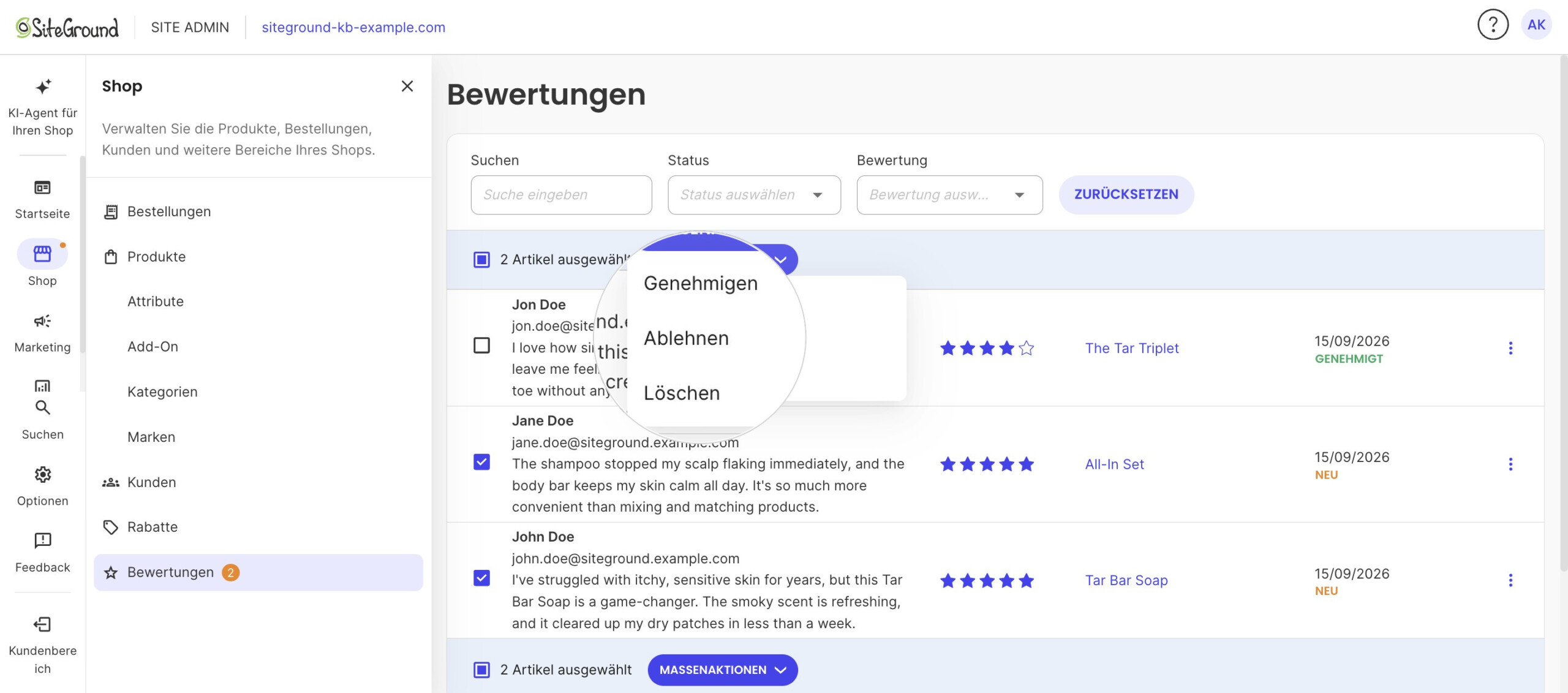 Das geöffnete Dropdown MASSENAKTIONEN für zwei Bewertungen, mit vergrößertem Genehmigen, Ablehnen und Löschen.