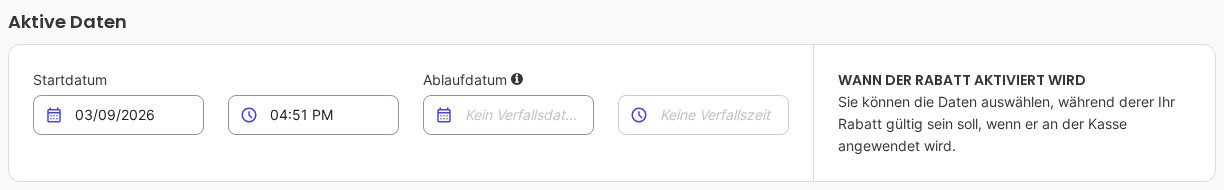 Der Abschnitt Aktive Daten mit ausgefülltem Startdatum und leerem Ablaufdatum.