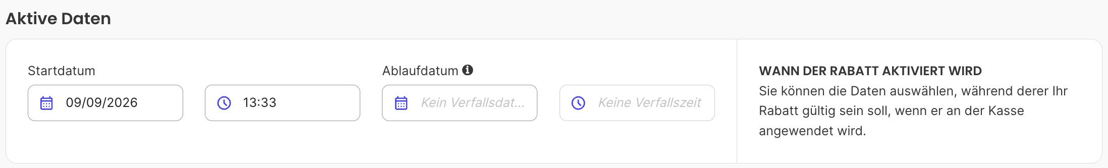 Der Abschnitt Aktive Daten mit ausgefülltem Startdatum und leerem Ablaufdatum.