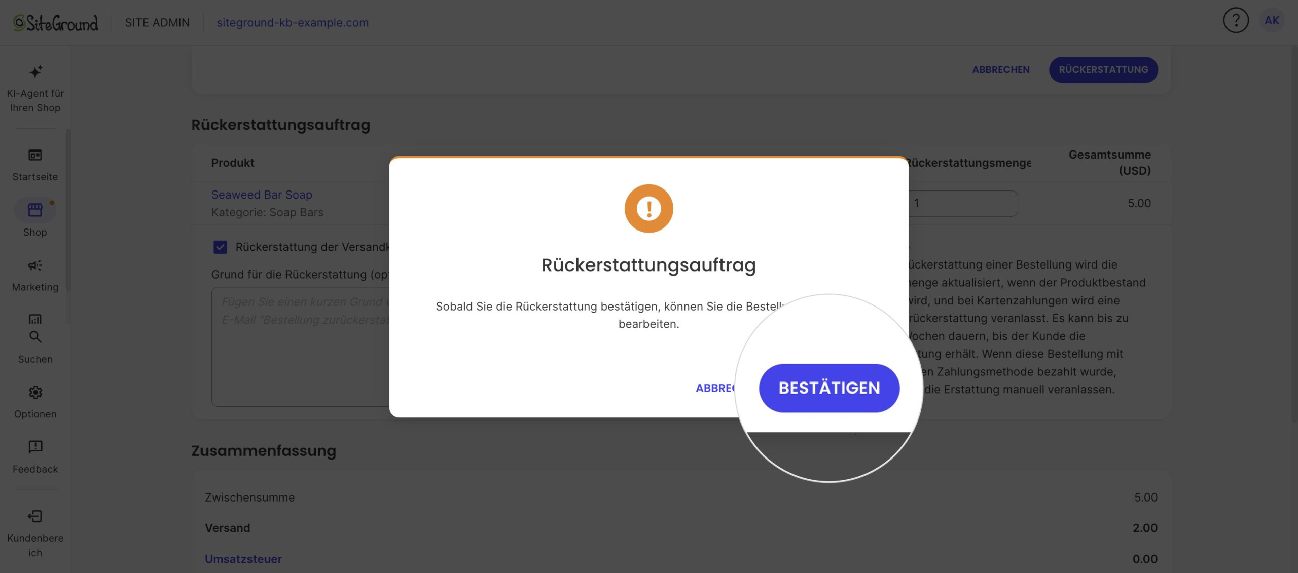 Der Warnhinweis, dass die Rückerstattung nicht rückgängig gemacht werden kann, mit Bestätigen.
