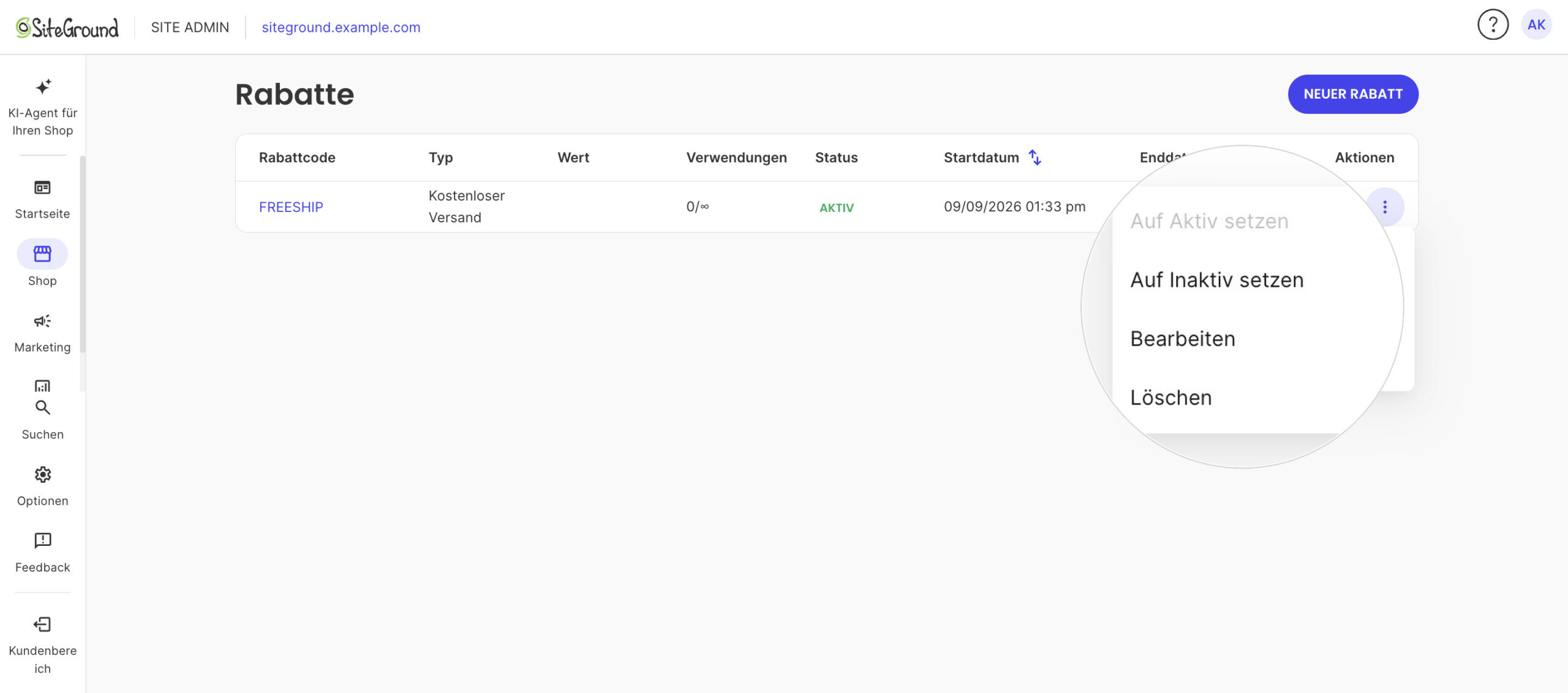 Die Rabattliste mit dem Rabatt FREESHIP und geöffnetem Aktionen-Menü: Aktiv, Inaktiv, Bearbeiten, Löschen.