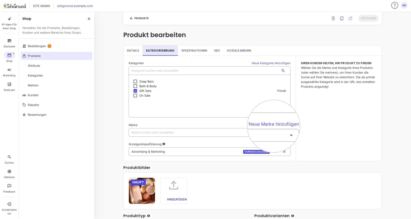Neue Marke hinzufügen Schaltfläche in einem Produkteditor