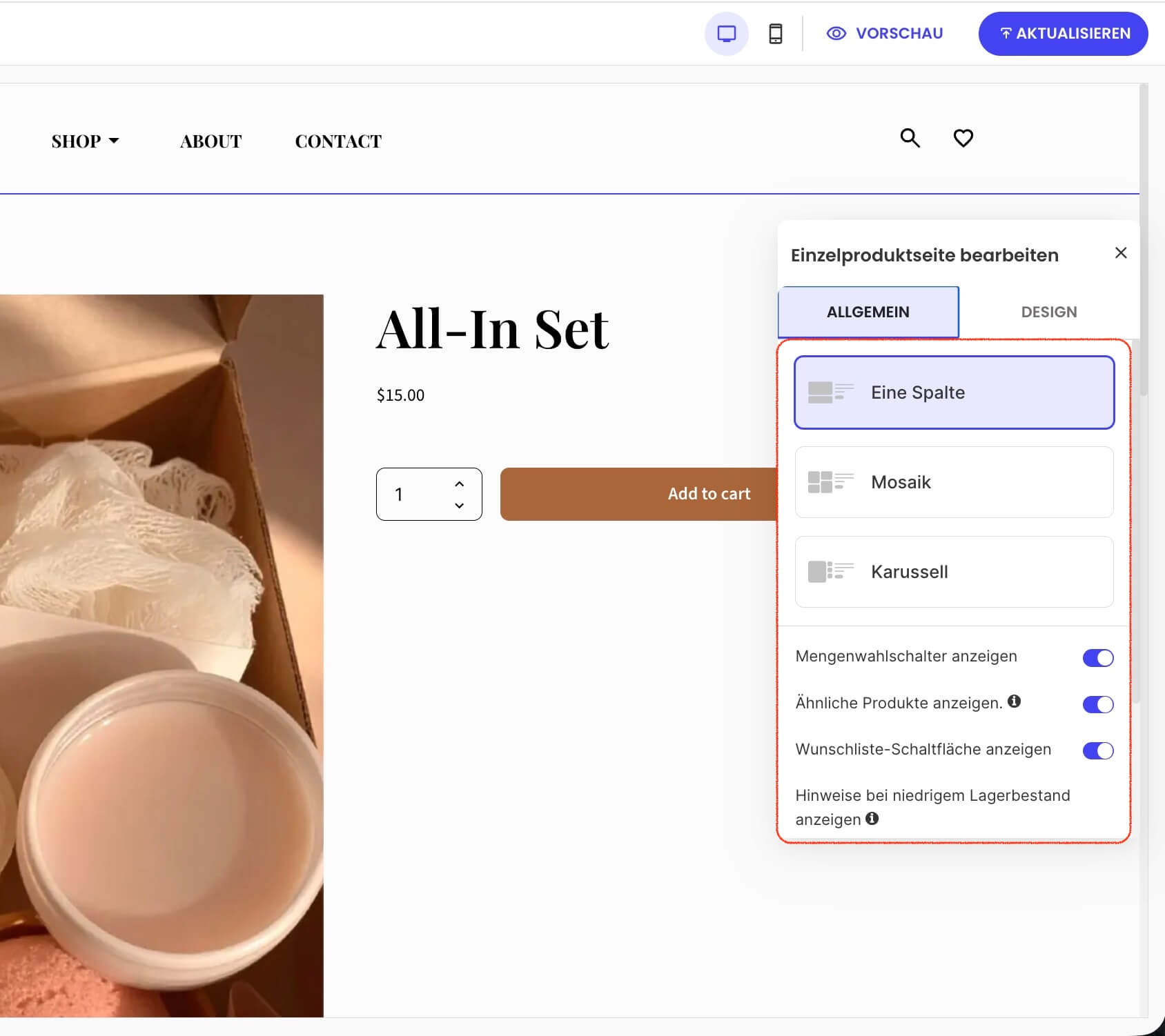 Einstellungsfenster für die Einzelproduktseite mit allgemeinen Einstellungen