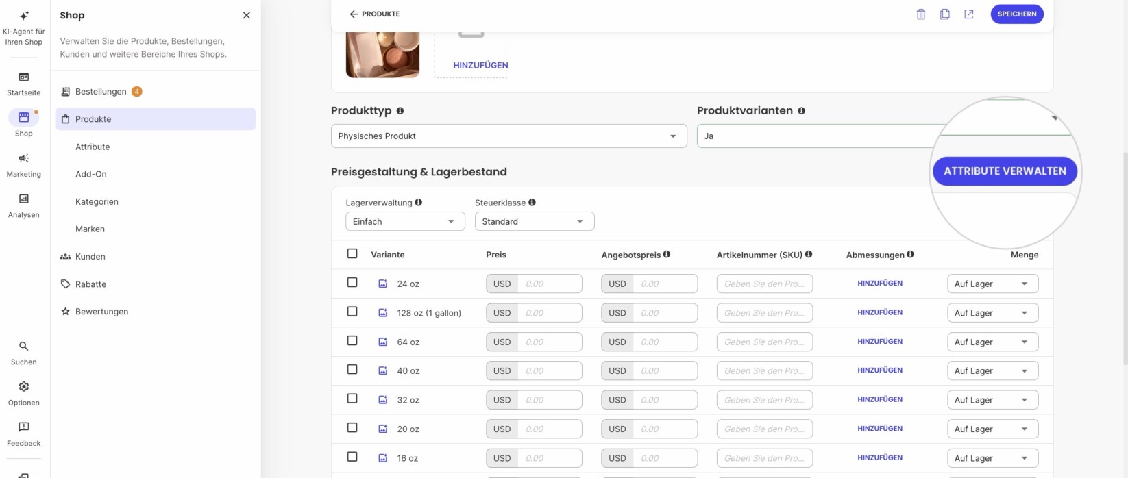 Schaltfläche „Attribute verwalten“ in einem Produkteditor in Ecommerce