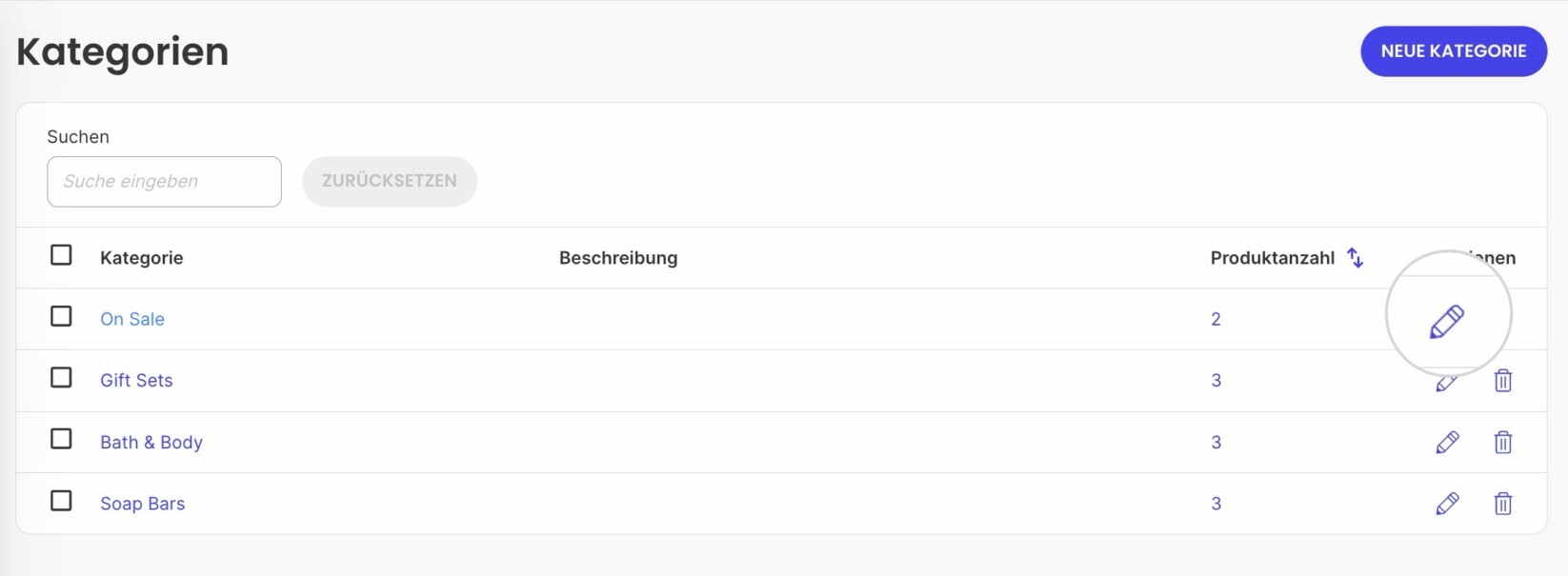 Bearbeiten einer Kategorie, um sie aus SiteGround Ecommerce zu löschen