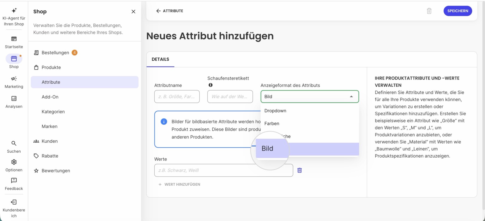 Menü „Attribut-Anzeigeformat“ zum Hinzufügen eines neuen Attributs in Ecommerce, bei dem der Typ „Bild“ ausgewählt ist