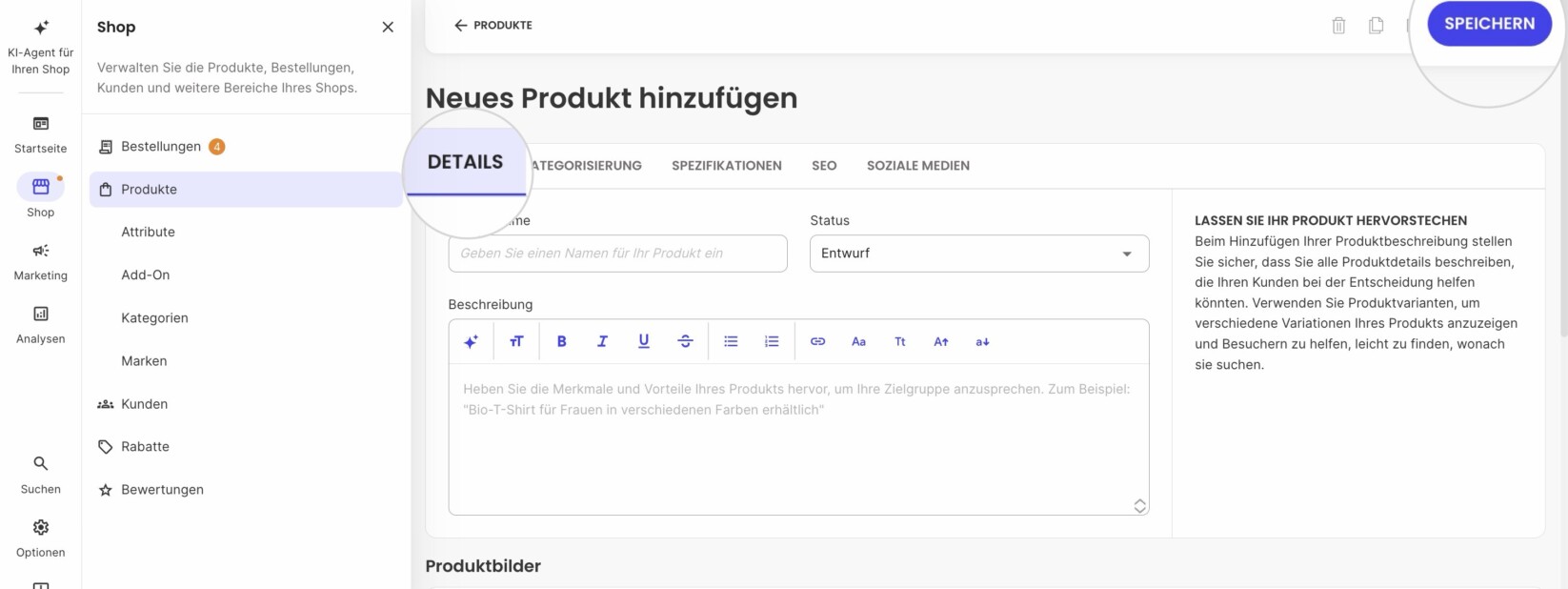 Beschreibung und Name auf der Seite eines neuen Produkts 
