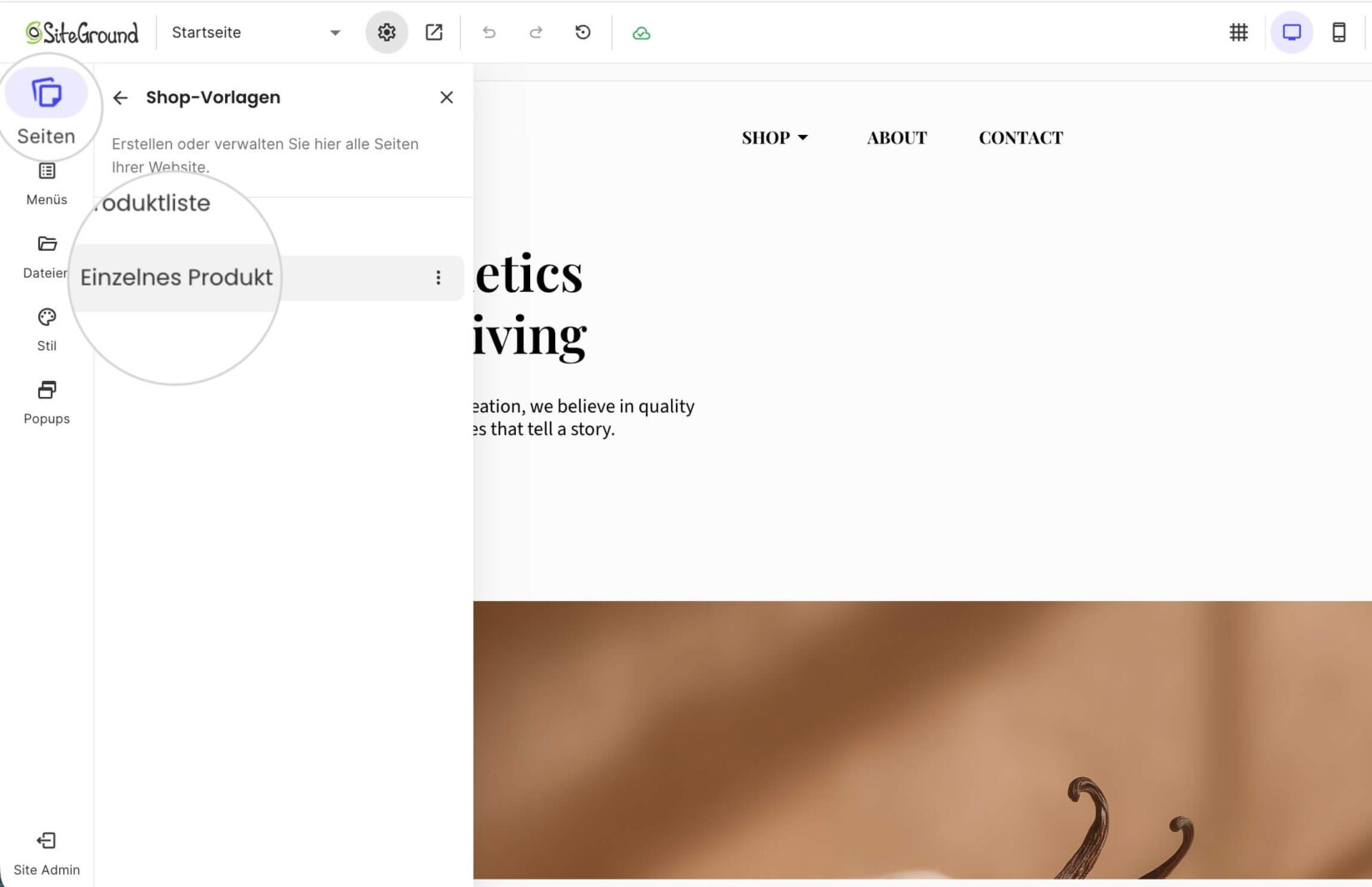 Registerkarte Seiten im Website Builder mit ausgewählter Einzelproduktseite