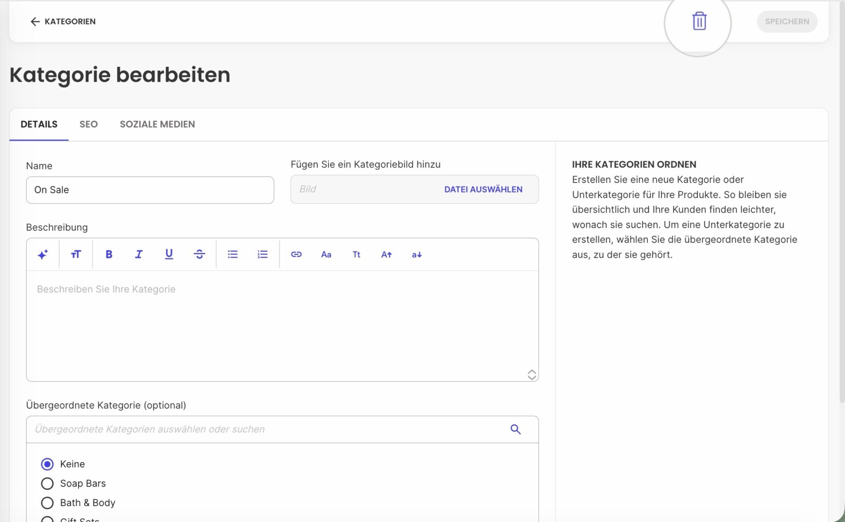 Löschen-Button in einem Kategorie-Editor