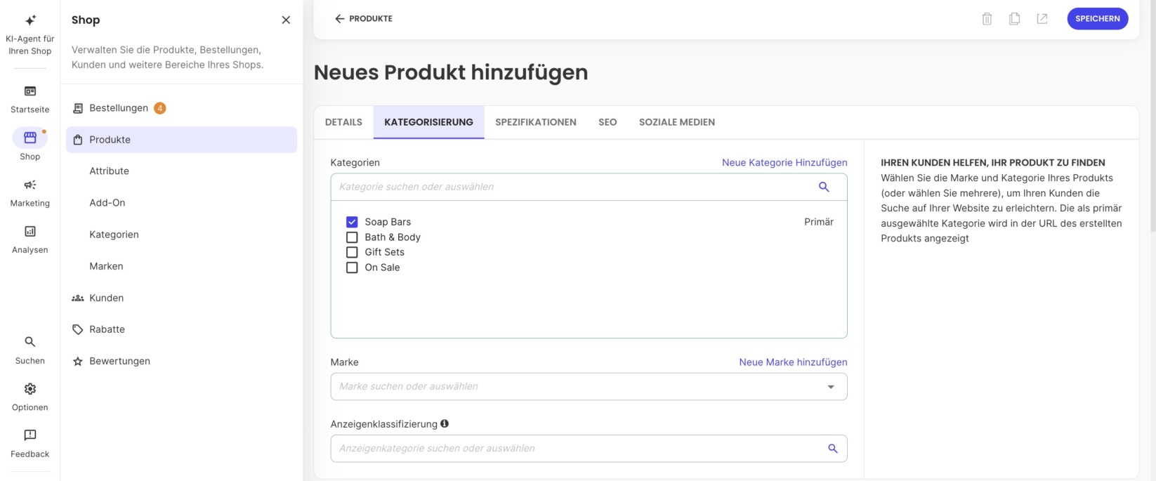 Kategorisierungseinstellungen für ein neues Produkt in SiteGround Ecommerce 