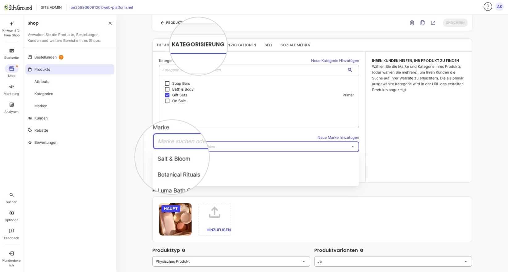 Zuweisung einer bestehenden Marke zu einem Produkt in SiteGround Ecommerce