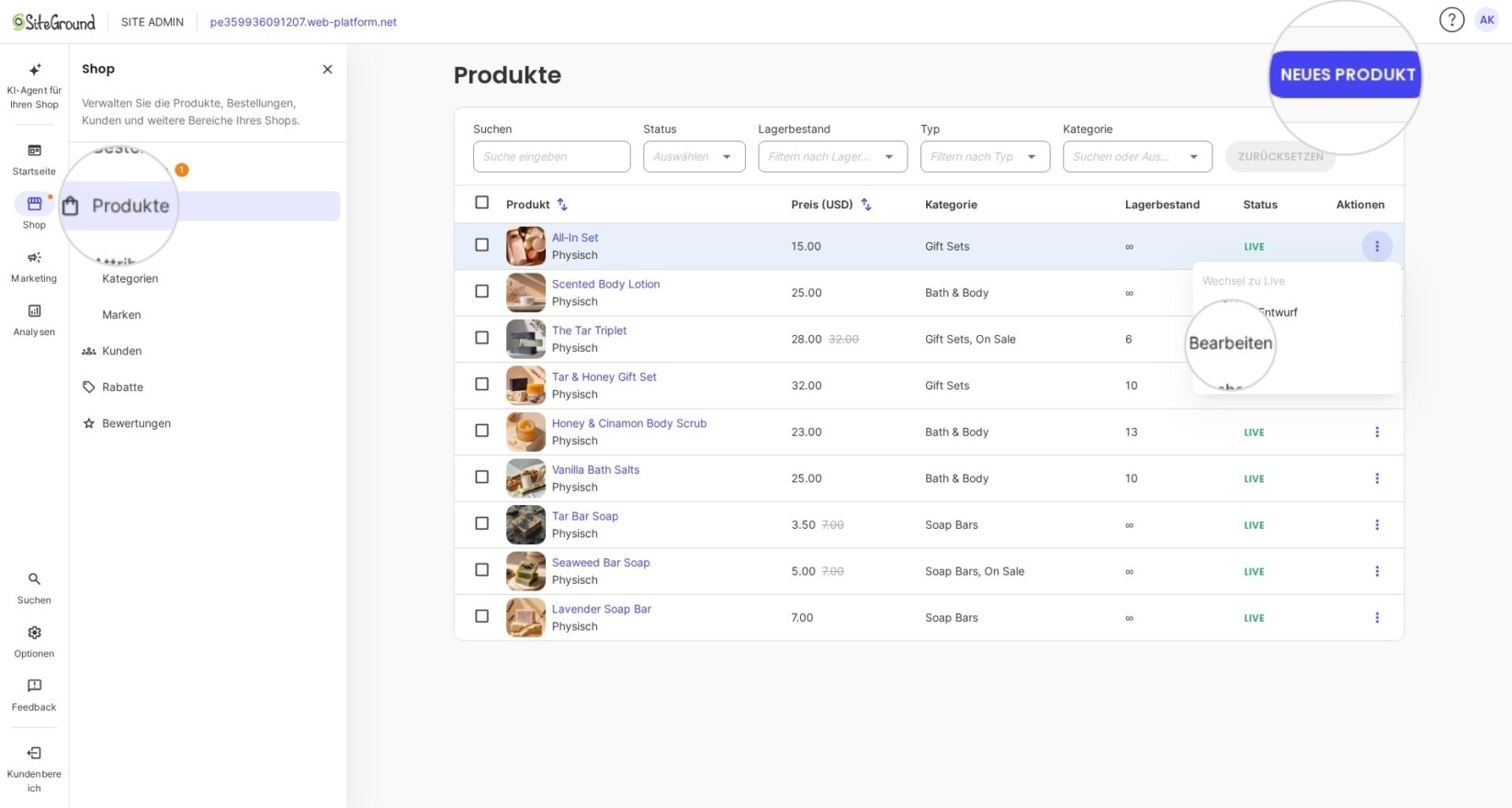 Bearbeiten oder Erstellen eines neuen Produkts in SiteGround E-Commerce