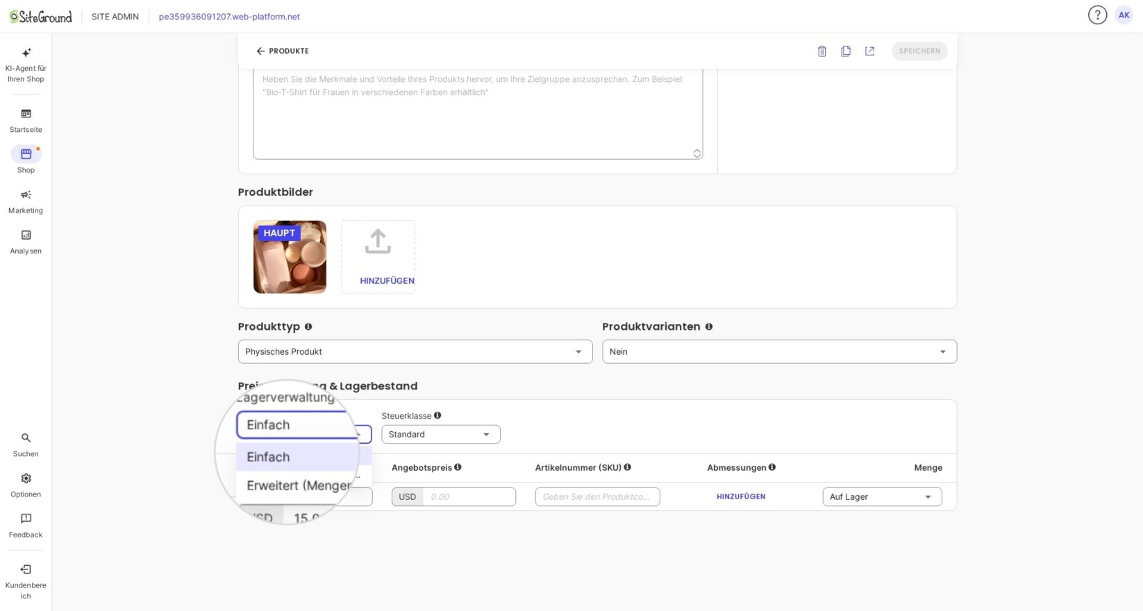 Lagerverwaltung im SiteGround Ecommerce