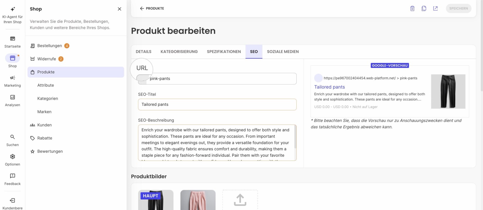 Erwaltet man den URL-Slug eines Produkts