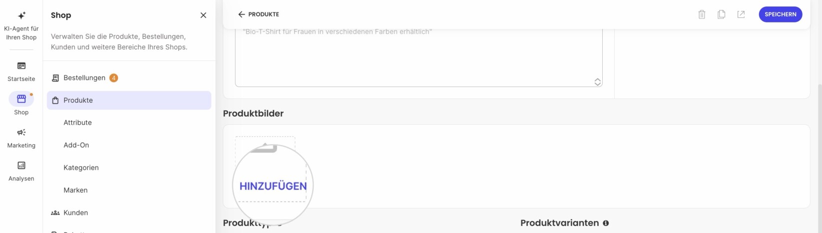 Schaltfläche zum Hinzufügen von Bildern zu einem neuen Produkt 