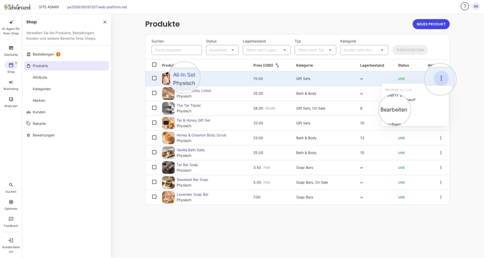 Zugriff auf den Produkteditor in SiteGround Ecommerce
