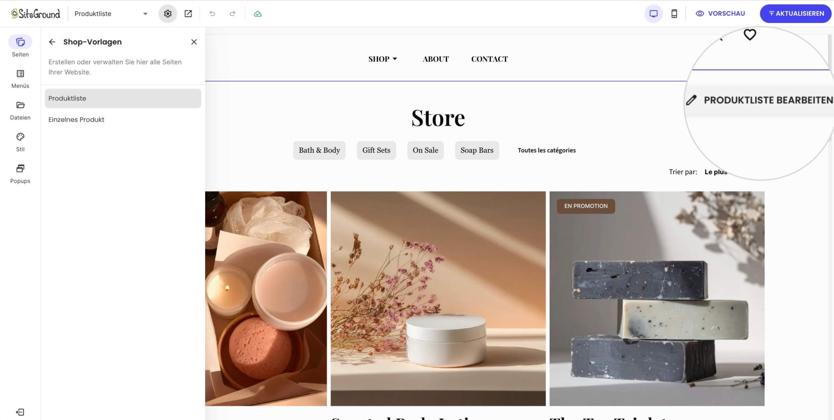 Button „Produktliste bearbeiten“ im Website Builder zum Anpassen der Produktliste-Seite