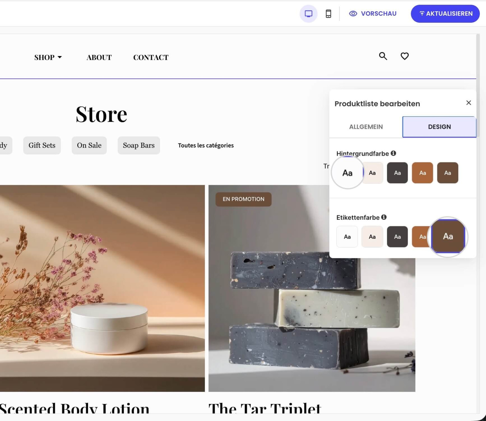Einstellungsfenster der Produktliste mit Design-Optionen