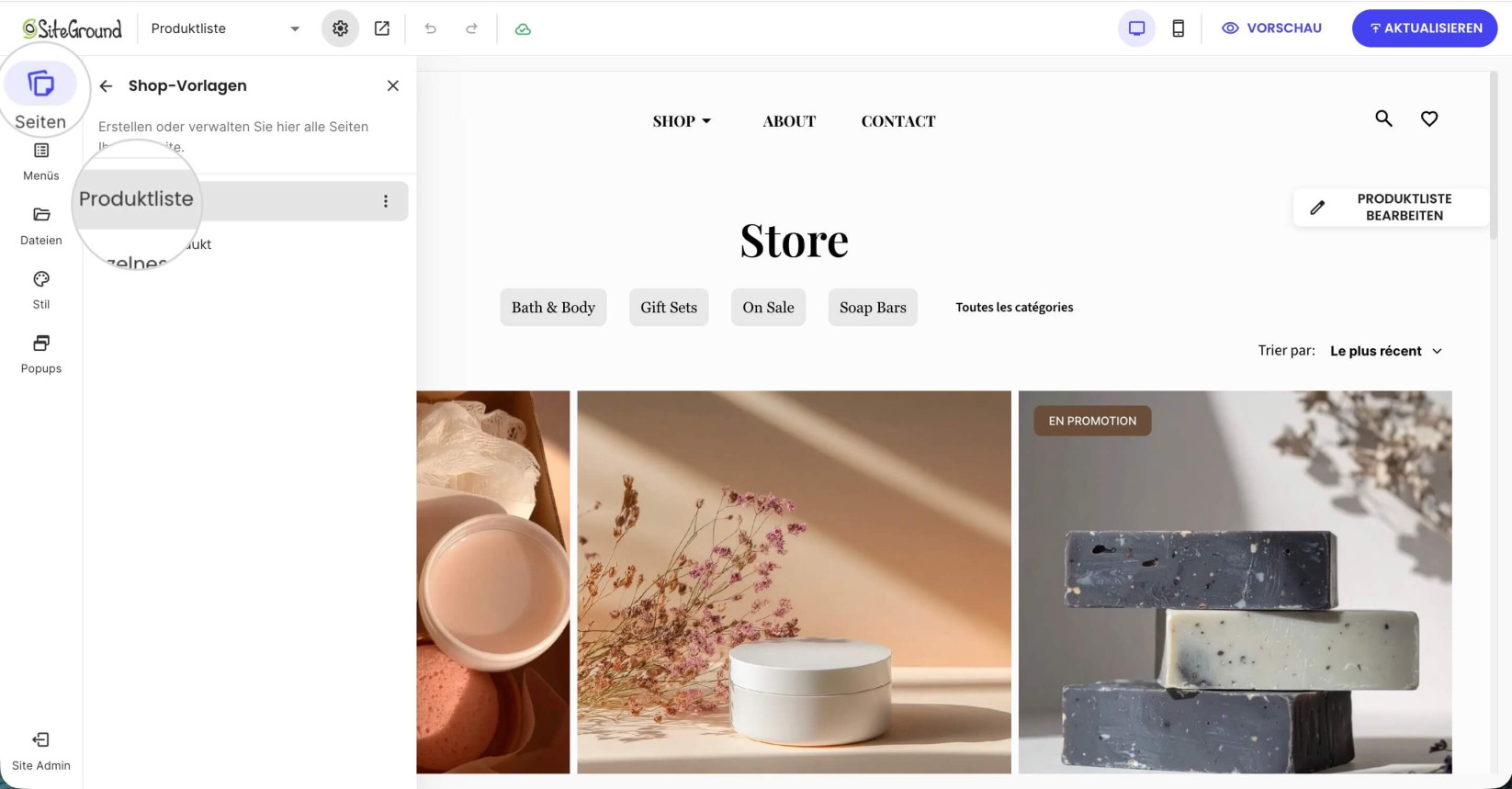 Registerkarte Seiten im Website Builder, auf der die Produktliste-Seite ausgewählt ist