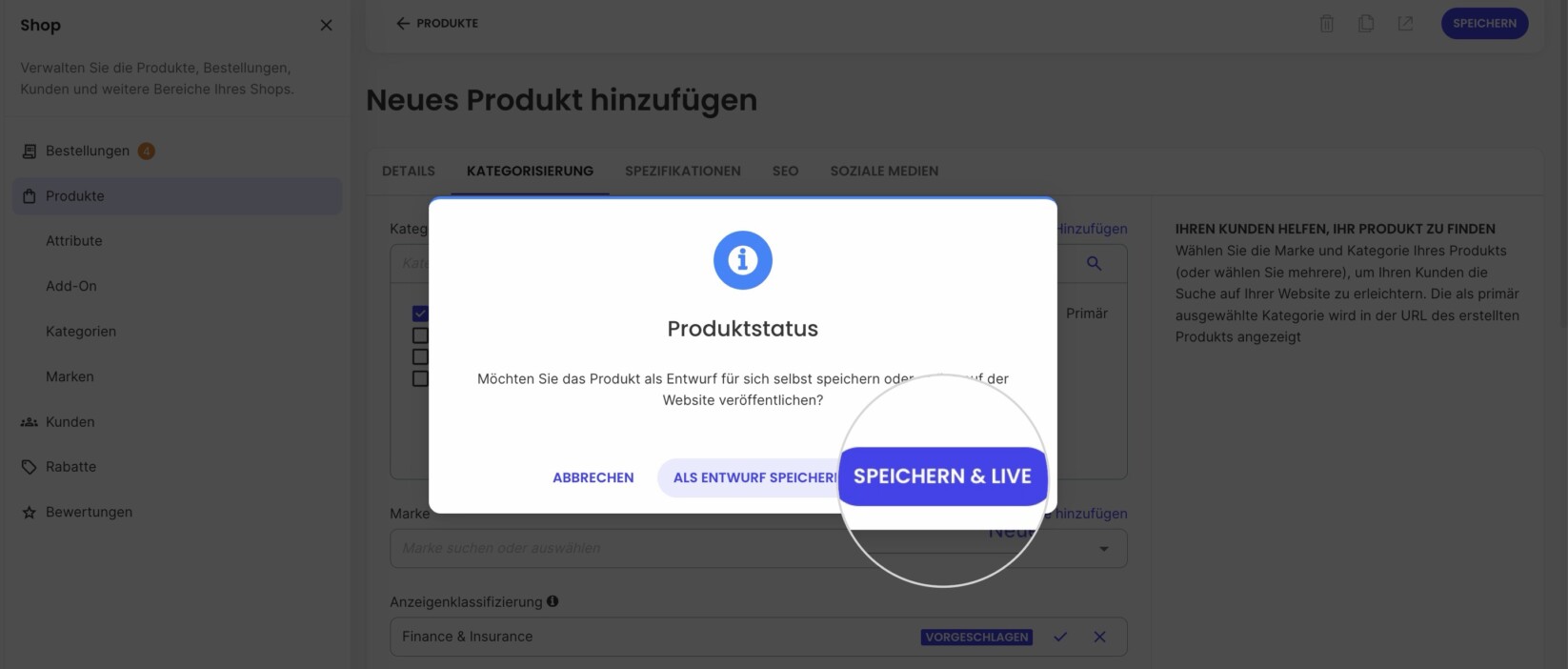 Popup-Fenster zur Auswahl der Veröffentlichung eines neuen Produkts