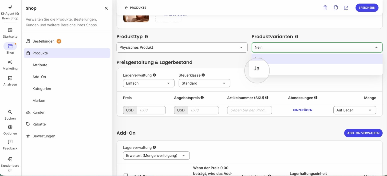 crollen Sie auf der Produktseite nach unten zum Dropdown-Menü „Mit Variationen?“ und wählen Sie „Ja“ aus