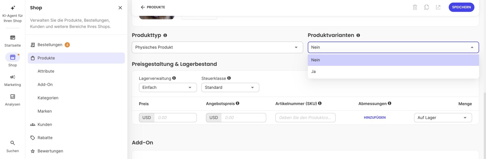 Menü zur Auswahl, ob ein Produkt Variationen hat oder nicht 