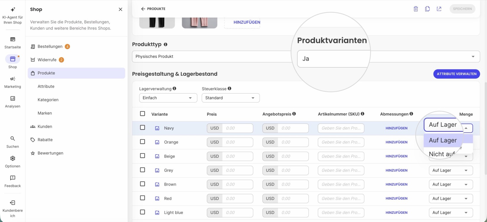 Bestandsverwaltung für Produktvarianten