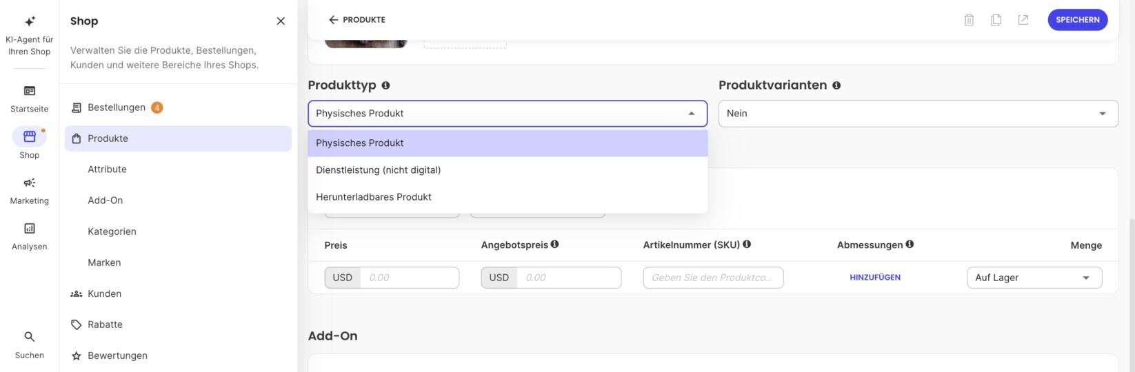 Menü zur Auswahl des Produkttyps 