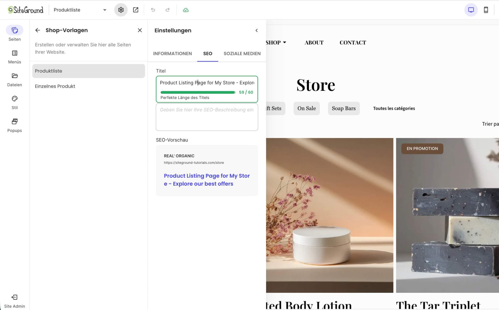 SEO-Einstellungen der Produktliste-Seite, auf der Sie einen SEO-Titel und eine SEO-Beschreibung festlegen können