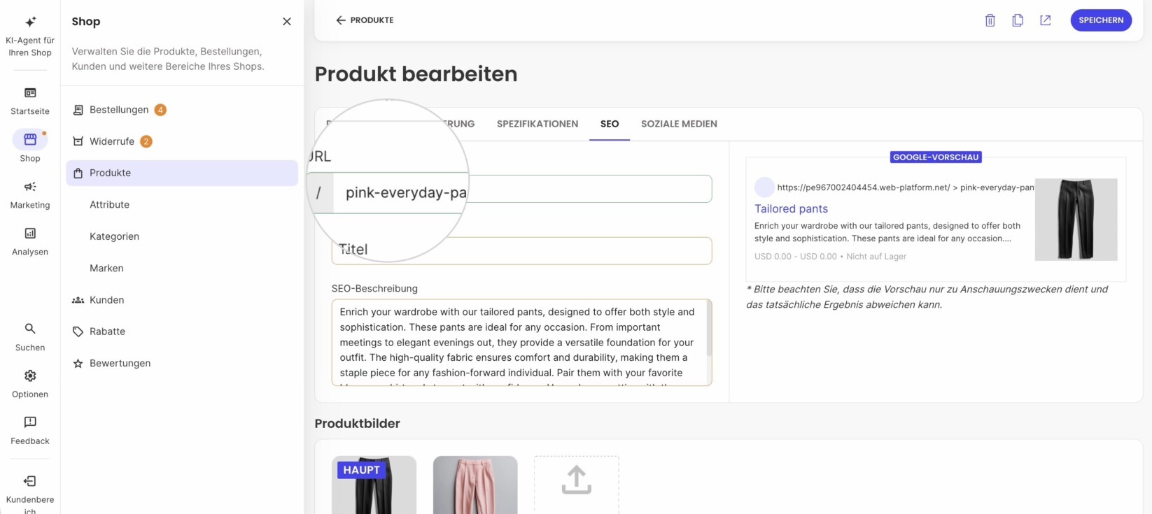 Speichern eines Produkt-URL-Slugs in SiteGround Ecommerce