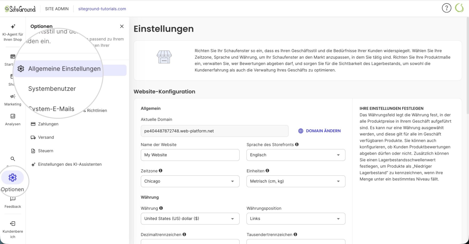 Einstellungsseite des Shops in SiteGround Ecommerce
