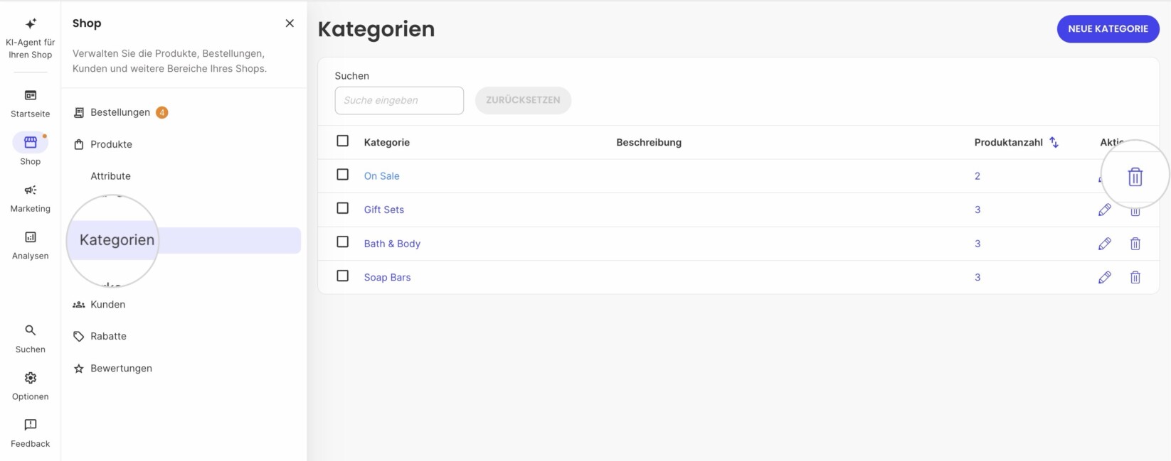 Button zum Löschen einer Kategorie in SiteGround Ecommerce