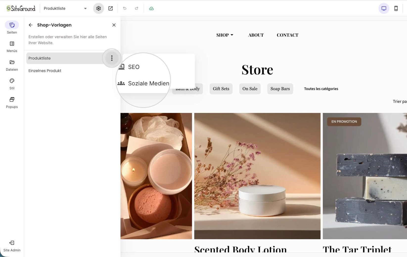 Einstellungsmenü der Produktliste mit hervorgehobenen SEO- und Social-Einstellungen