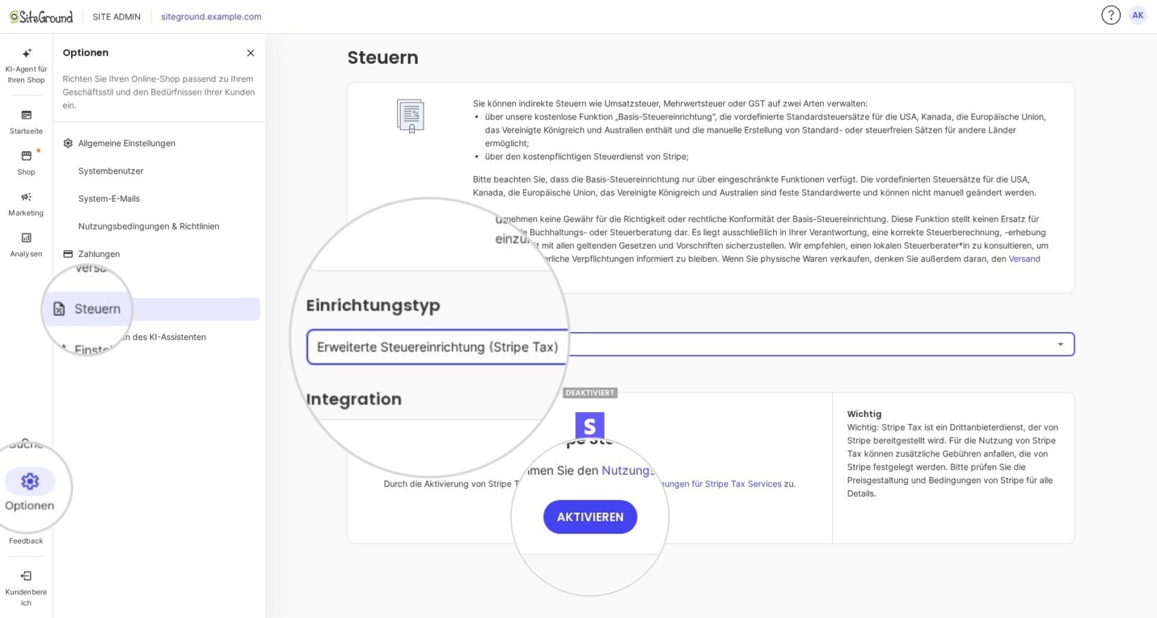 Screenshot der Steuereinstellungen in der SiteGround-Ecommerce-Plattform. Die Option „Erweiterte Steuereinrichtung“ ist im Feld Einrichtungstyp ausgewählt. Die Stripe-Tax-Integration wird als deaktiviert angezeigt, mit einer hervorgehobenen Aktivieren-Schaltfläche.