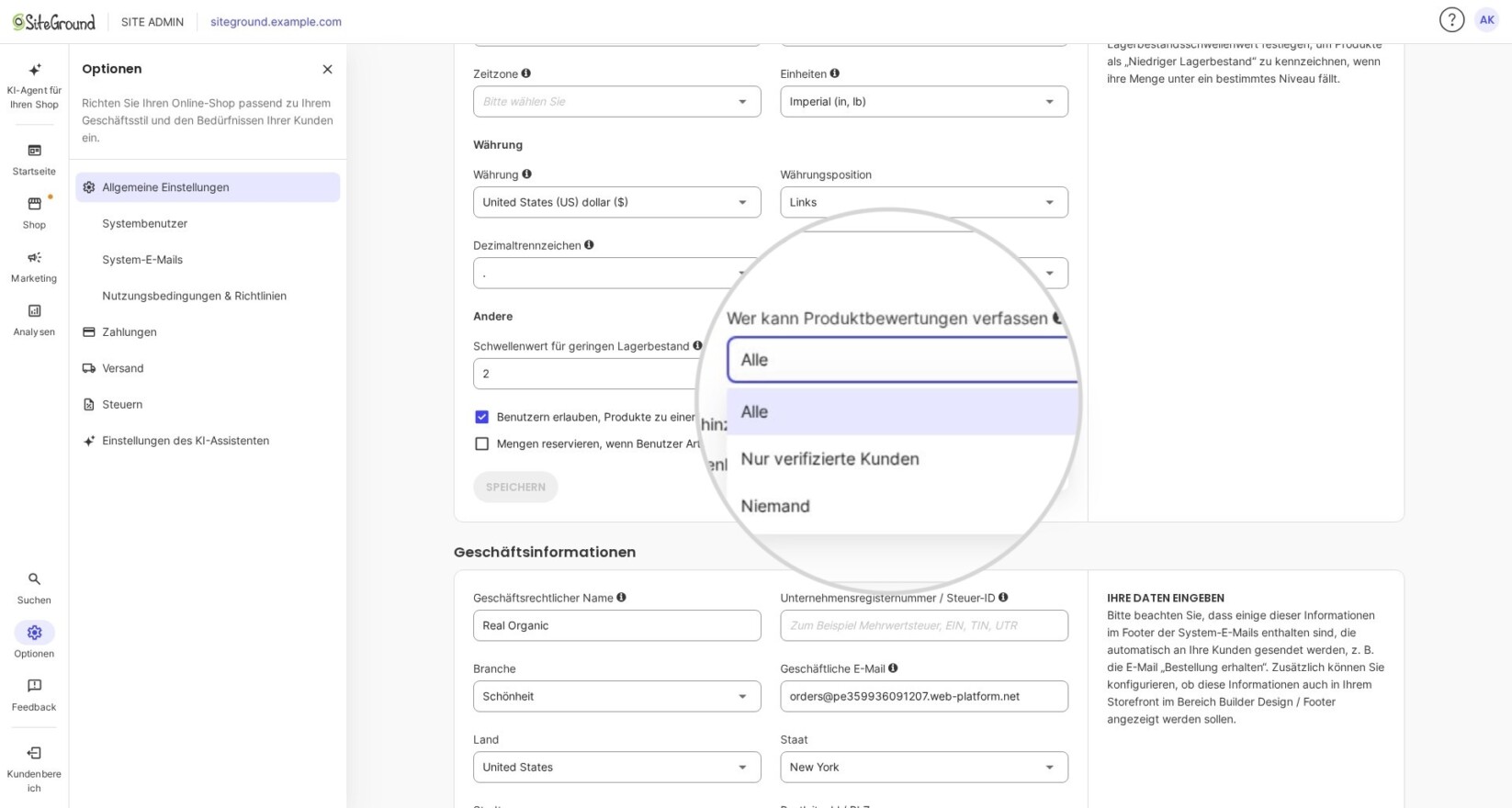 Dropdown-Menü mit Optionen zum Zulassen oder Deaktivieren von Produktbewertungen
