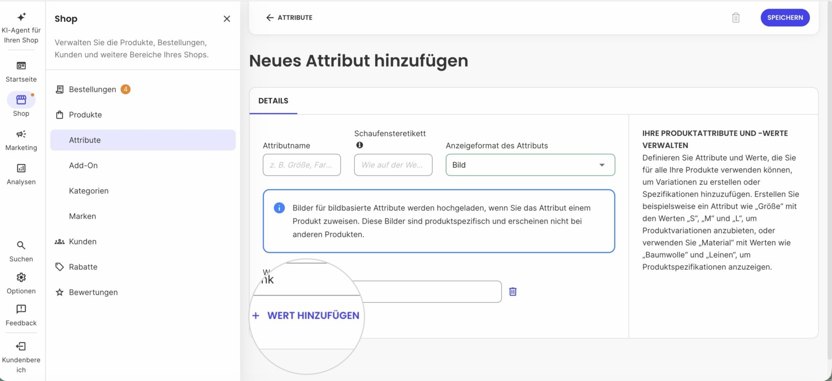 Schaltfläche „Wert hinzufügen“ zum Hinzufügen weiterer Werte beim Erstellen eines Attributs und Schaltfläche „Speichern“ zum Bestätigen des Attributs