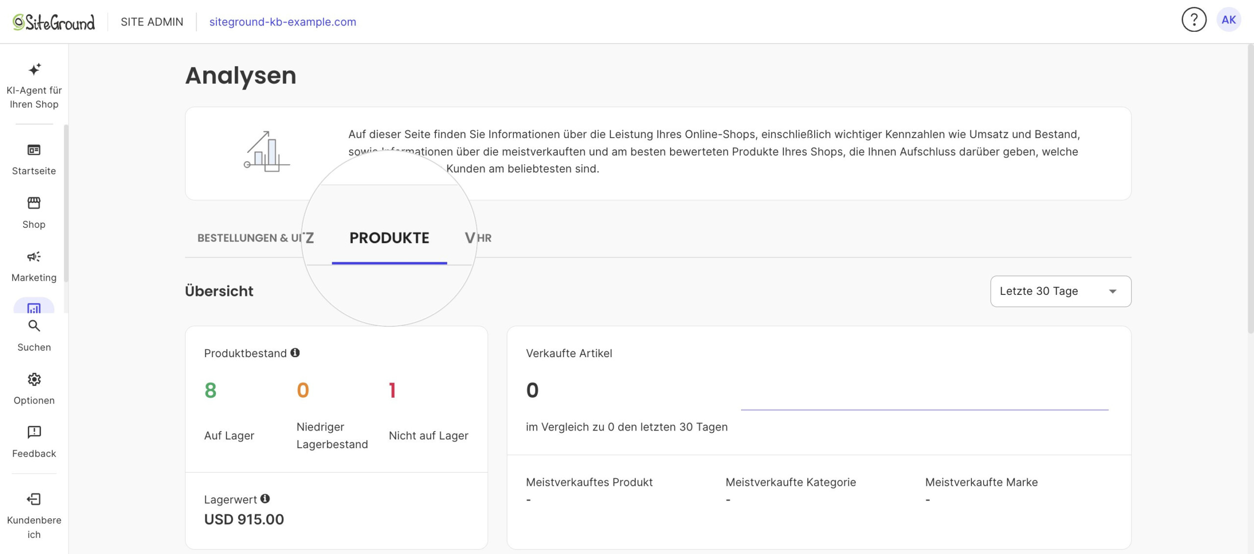 Die Seite Analysen mit ausgewähltem Tab Produkte und den Zählern für Produktbestand.
