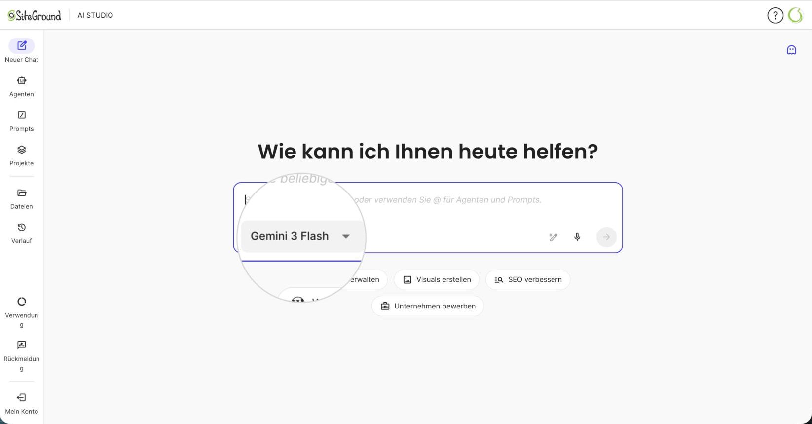 Benutzeroberfläche von SiteGround AI Studio. Sie zeigt eine vergrößerte Hervorhebung des Standardmodells im Chat-Panel, das zum Wechseln zu einem anderen LLM verwendet werden kann.
