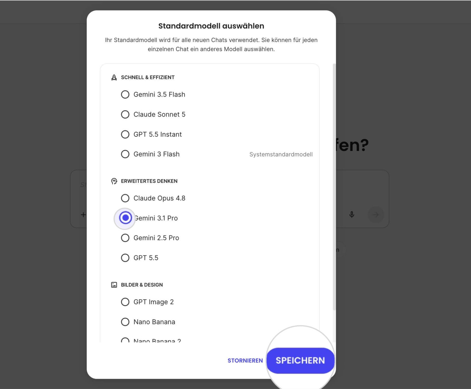 Dialogfenster-Pop-up zur Auswahl eines Standard-Chat-Modells in SiteGround AI Studio