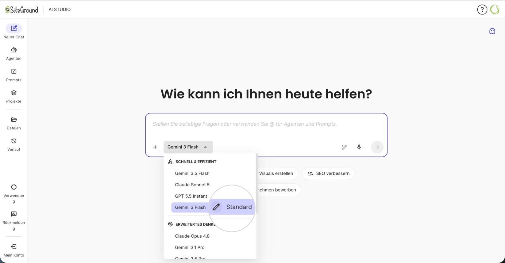 Menü der LLM-Modelle in der SiteGround AI Studio-Benutzeroberfläche. Das Standardmodell ist mit „Default“ beschriftet und zeigt eine vergrößerte Hervorhebung der Schaltfläche „Bearbeiten“, mit der ein anderes LLM als Standard festgelegt werden kann