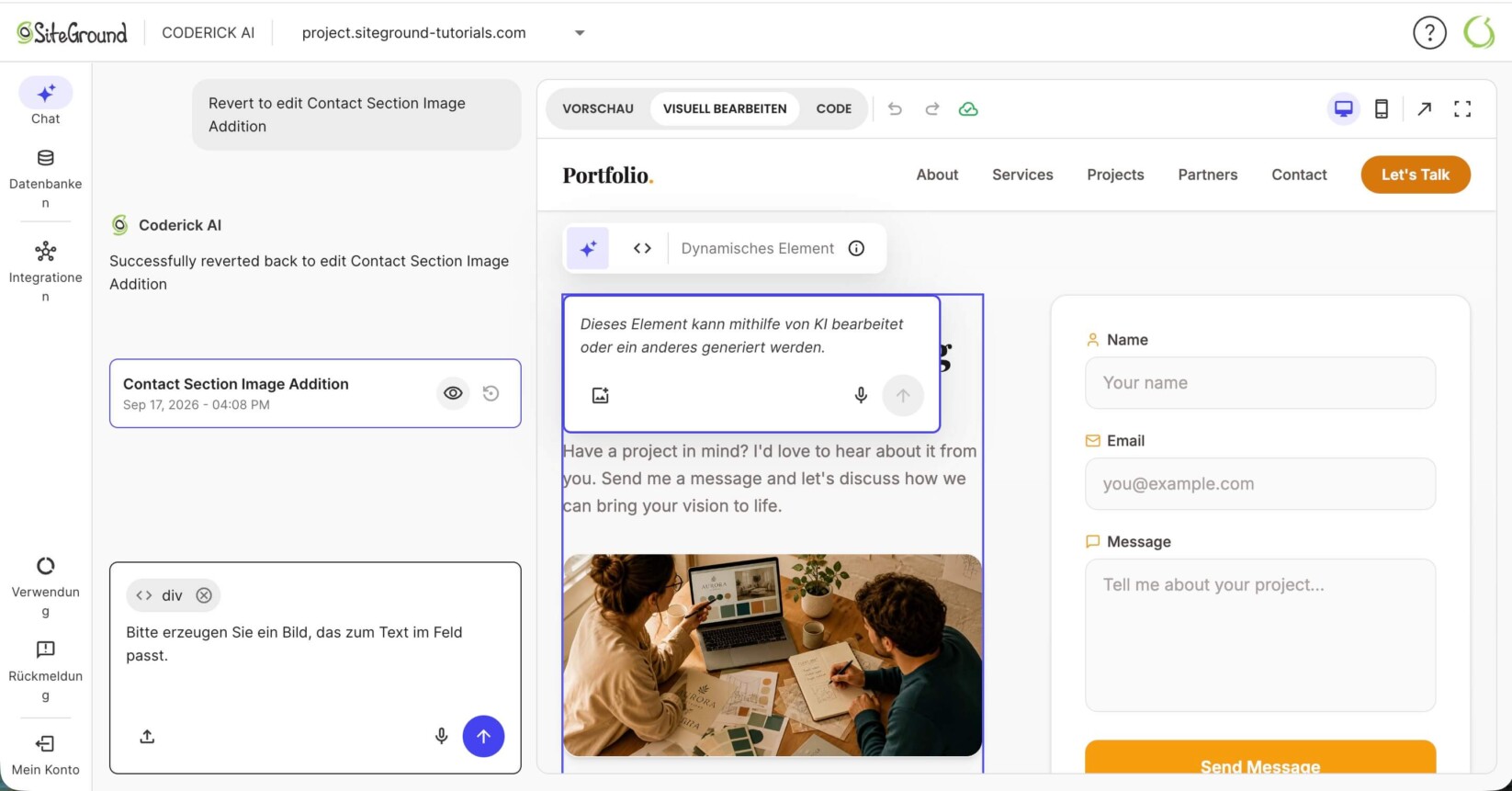 Coderick AI Chat-Schnittstelle mit einem Prompt zur Generierung eines neuen Bildes