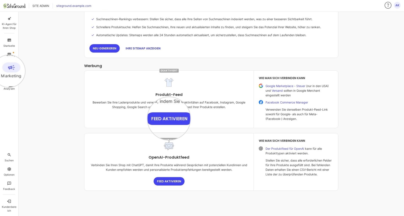 Marketing-Bereich im Site Admin von SiteGround Ecommerce, der die Schaltfläche Feed aktivieren zur Generierung einer Produkt-Feed-Datei anzeigt