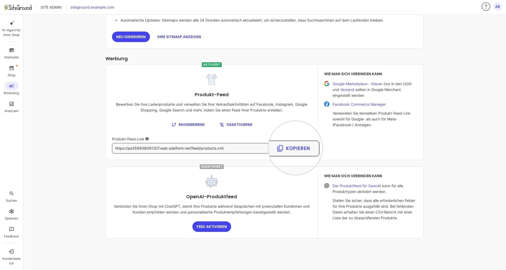 Marketing-Bereich im Site Admin für SiteGround Ecommerce, der die Produkt-Feed-URL anzeigt, die Sie kopieren und mit Werbeplattformen teilen können