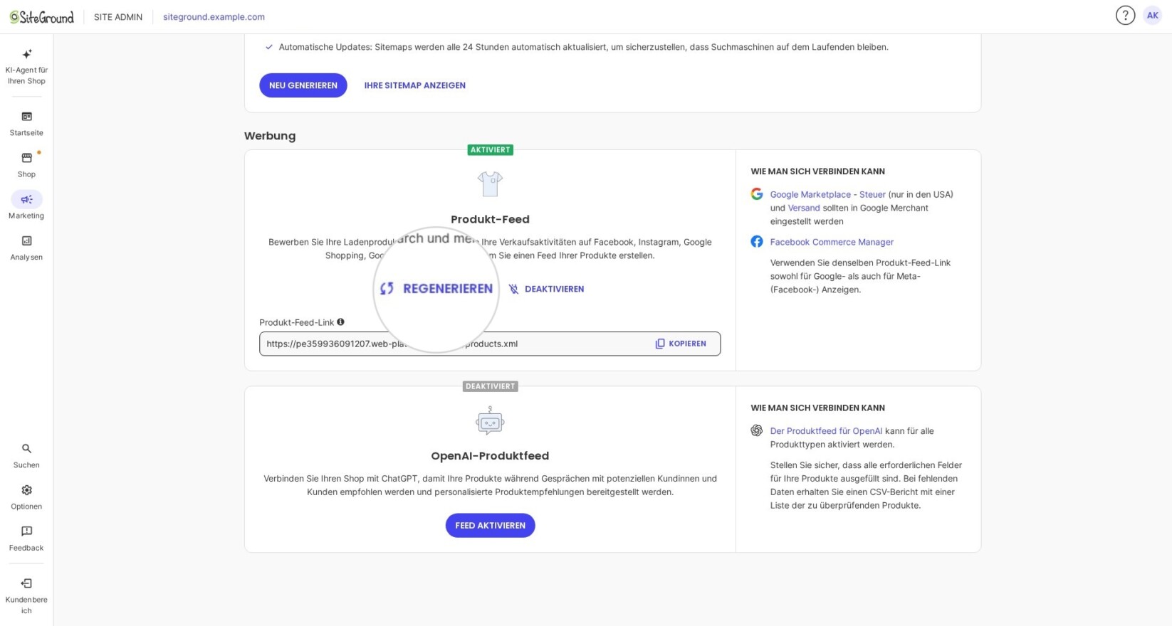 Marketing-Bereich im Site Admin für SiteGround Ecommerce, der die Schaltfläche Regenerieren zur Aktualisierung der Produkt-Feed-Datei anzeigt