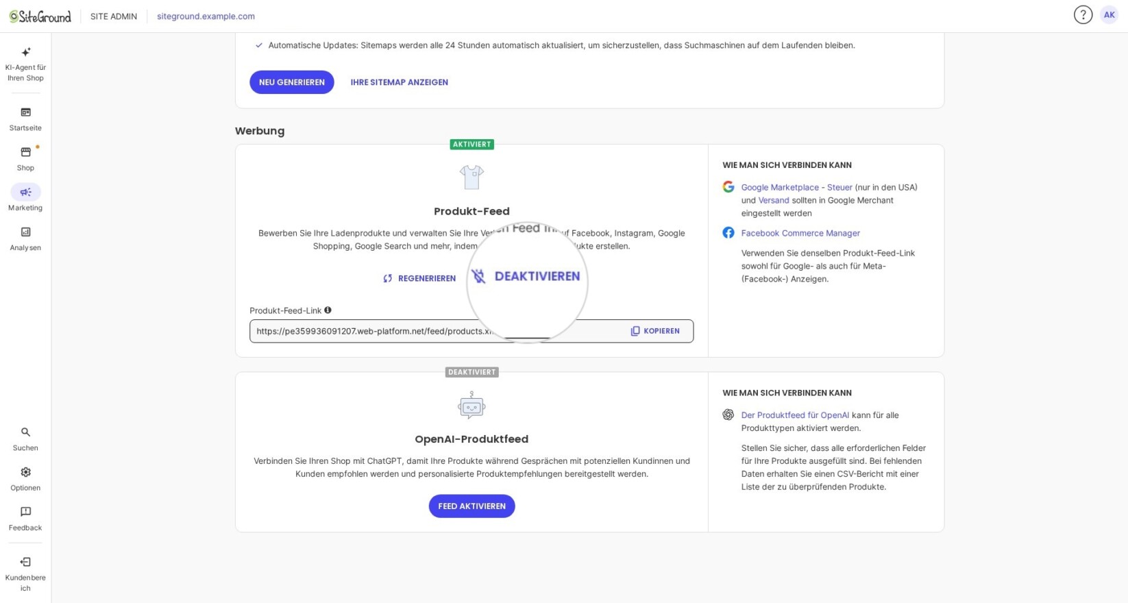 Marketing-Bereich im Site Admin für SiteGround Ecommerce, der die Schaltfläche Deaktivieren zur Deaktivierung der Produkt-Feed-Datei anzeigt