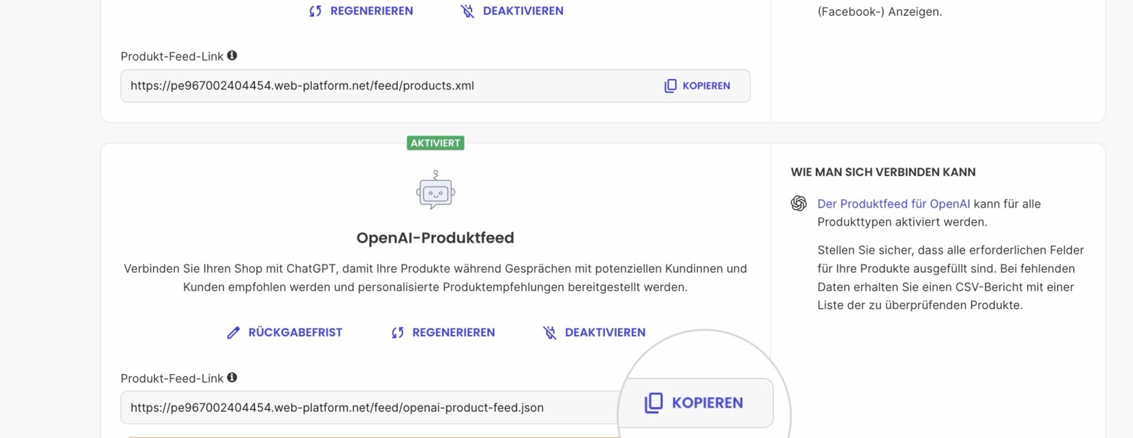 Marketing-Bereich im Site Admin einer E-Commerce-Website mit hervorgehobener OpenAI-Produkt-Feed-URL-Adresse und einem Kopieren-Button daneben
