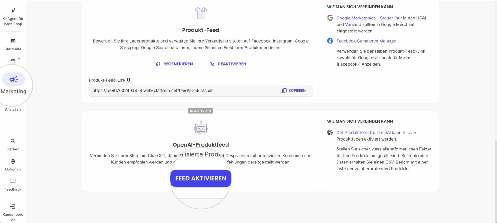 Marketing-Bereich im Site Admin-Panel einer E-Commerce-Website mit hervorgehobenem Feed-Aktivieren-Button für den OpenAI-Produkt-Feed