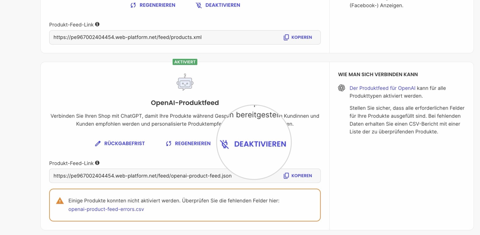 OpenAI-Produkt-Feed-Panel im Site Admin einer E-Commerce-Website mit hervorgehobenem Deaktivieren-Button zum Deaktivieren der Produkt-Feed-Datei