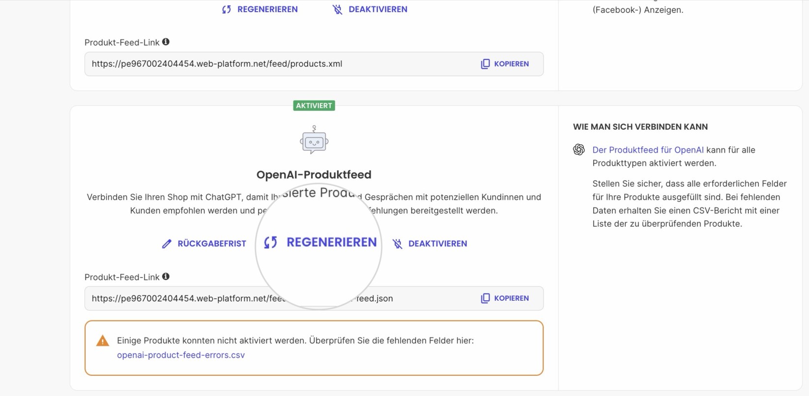 OpenAI-Produkt-Feed-Panel im Marketing-Bereich im Site Admin mit hervorgehobenem Regenerieren-Button zum Regenerieren der OpenAI-Produkt-Feed-Datei